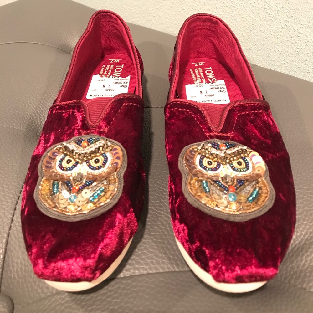 Custom Owl Beaded Embellished Red Velvet TOMS